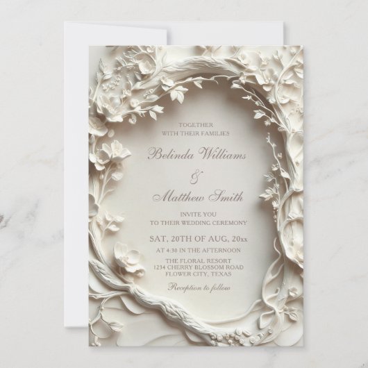 Invitation Couronne de fleurs sculptées blanches Mariage (Devant)