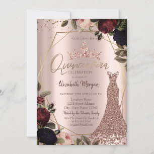 Invitation Couronne de fleurs sombres Robe en or rose Quincea