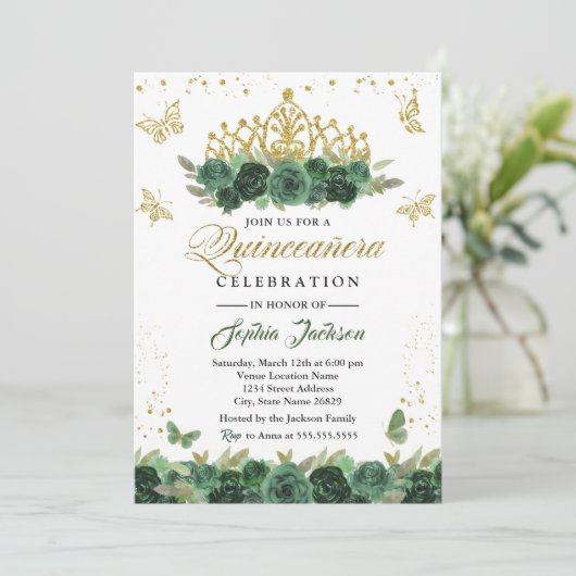 Invitation Couronne de fleurs vert émeraude Papillon Quincean (Debout devant)