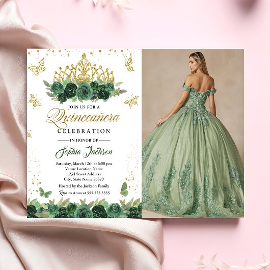 Invitation Couronne de fleurs vert émeraude Papillon Quincean