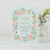 Invitation Couronne de fleurs vert menthe pour mariage (Debout devant)