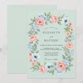 Invitation Couronne de fleurs vert menthe pour mariage (Devant / Derrière)