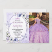 Invitation Couronne de fleurs violettes Quinceañera Papillons (Devant)