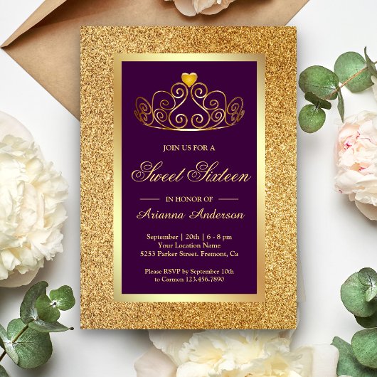 Invitation Couronne de glitter doré Princesse Violet Sweet Se