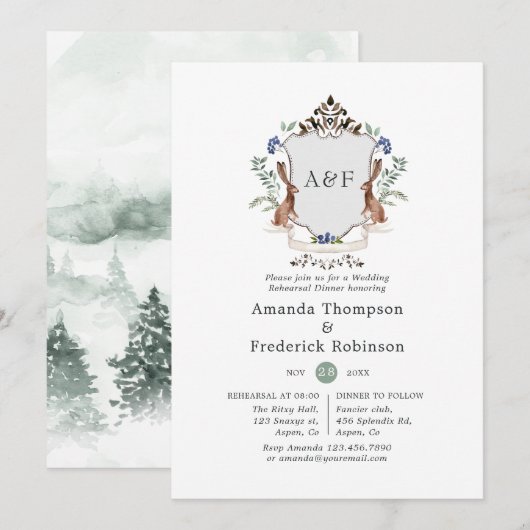 Invitation Couronne de Laurier de la forêt Monogramme Dîner d (Devant / Derrière)