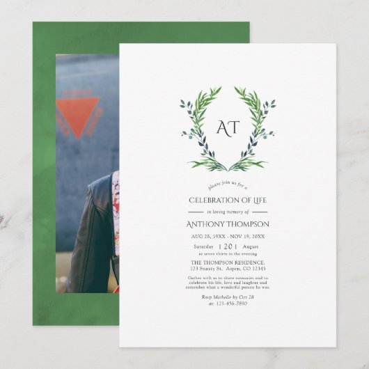 Invitation Couronne de laurier de verdure Monogramme Célébrat (Devant / Derrière)