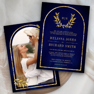 Invitation Couronne de laurier doré Feuilles Bleu Royal Maria