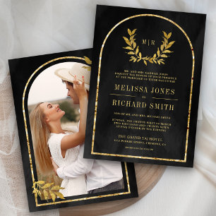 Invitation Couronne de laurier en or feuilles gris charbon de