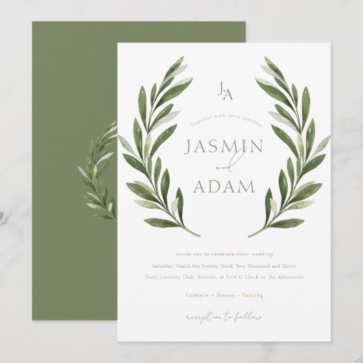 Invitation Couronne de laurier vert sauge élégante Mariage (Devant / Derrière)