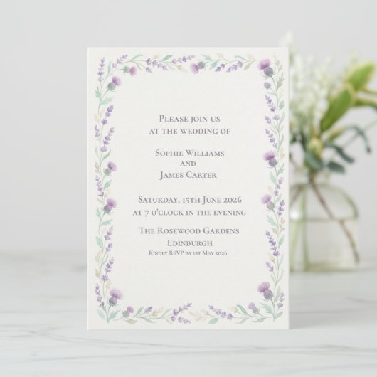 Invitation Couronne de Lavande Chardon Écossais Mariage (Debout devant)
