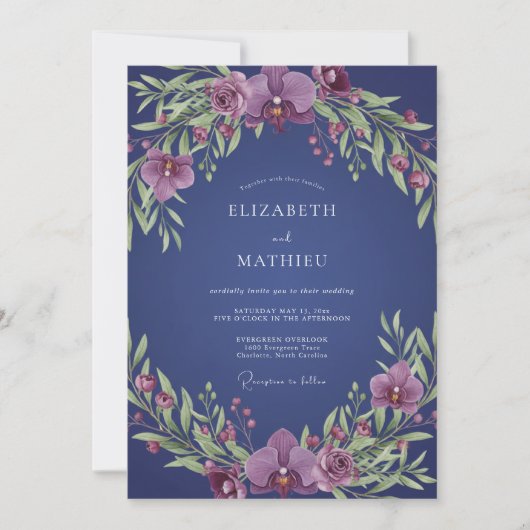 Invitation Couronne de mariage à l'orchidée indigo (Devant)