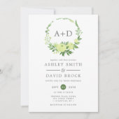 Invitation Couronne de mariage à monogramme de verdure à l'aq (Devant)