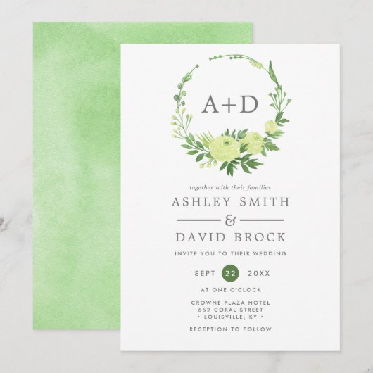 Invitation Couronne de mariage à monogramme de verdure à l'aq (Devant / Derrière)