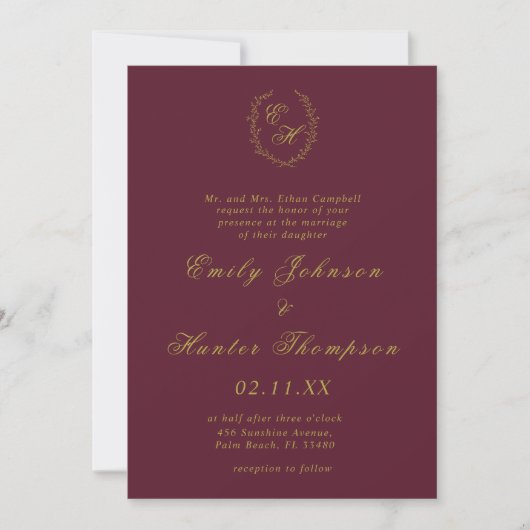 Invitation Couronne de mariage à monogramme Or et Bourgogne (Devant)