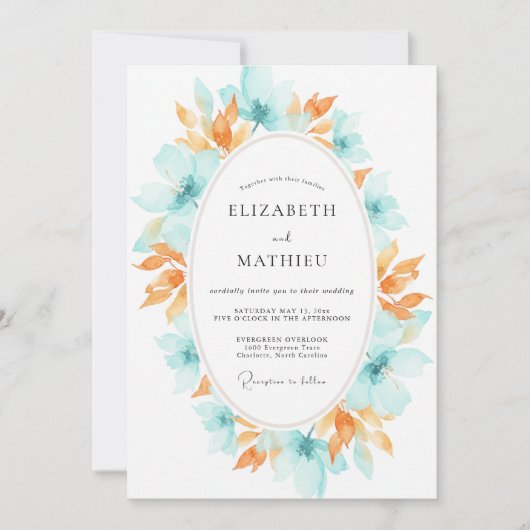 Invitation Couronne de mariage abricot sarcelle (Devant)
