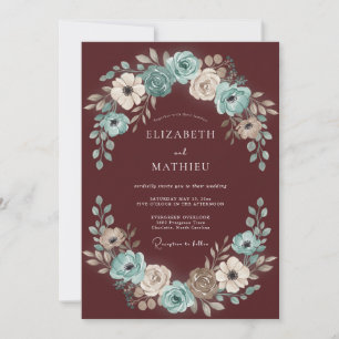 Invitation Couronne de mariage aqua et Bourgogne