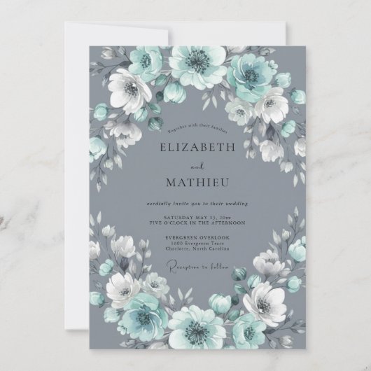 Invitation Couronne de mariage Aqua Grey (Devant)