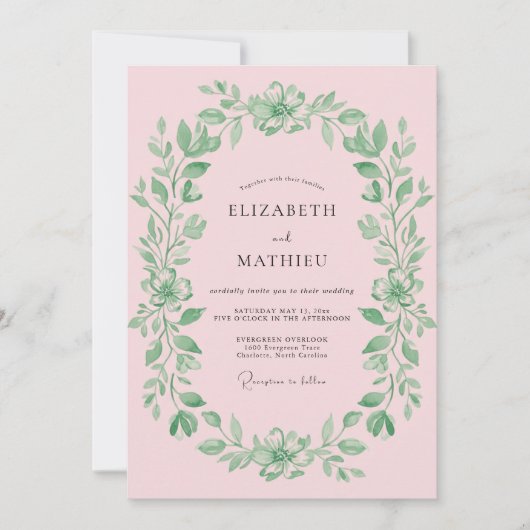 Invitation Couronne de mariage au feuillage rose (Devant)