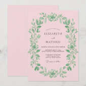 Invitation Couronne de mariage au feuillage rose (Devant / Derrière)