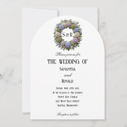 Invitation Couronne de mariage avec monogramme et hydrangeas (Devant)