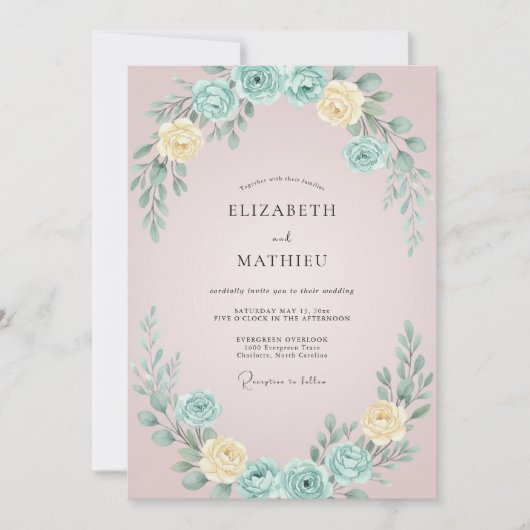 Invitation Couronne de mariage Blush Aqua (Devant)