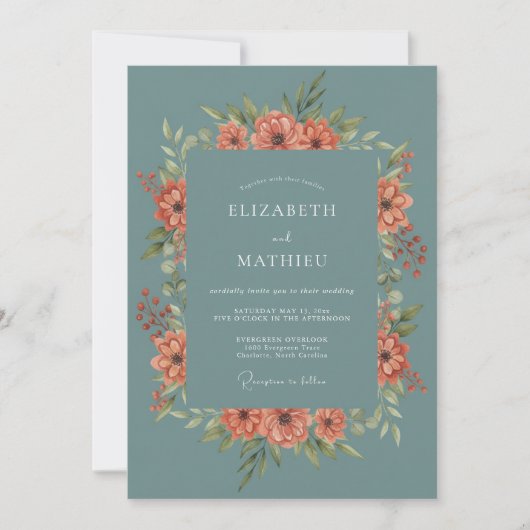 Invitation Couronne de mariage botanique corail sarcelle (Devant)