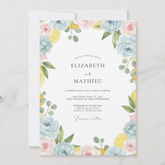 Invitation Couronne de mariage citron et bleuet tropical (Devant)