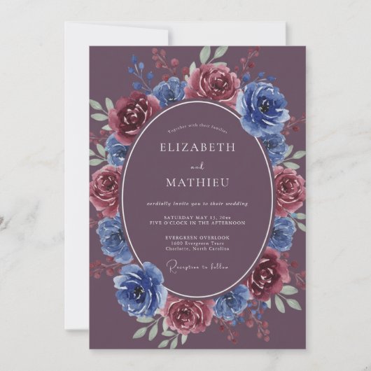 Invitation Couronne de mariage classique prune et pervenche (Devant)
