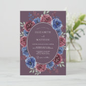 Invitation Couronne de mariage classique prune et pervenche (Debout devant)