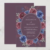Invitation Couronne de mariage classique prune et pervenche (Devant / Derrière)