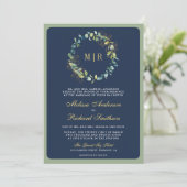 Invitation Couronne de mariage Code QR Bleu Navy Or Eucalyptu (Debout devant)