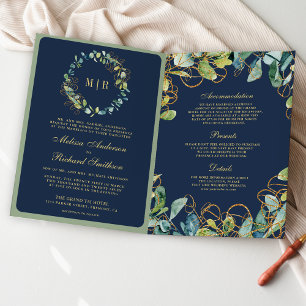 Invitation Couronne de mariage Code QR Bleu Navy Or Eucalyptu