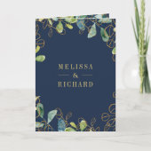 Invitation Couronne de mariage Code QR Bleu Navy Or Eucalyptu (Devant)
