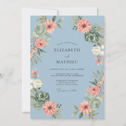 Invitation Couronne de mariage Corail Rouge-Bleu (Devant)