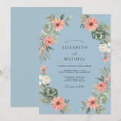 Invitation Couronne de mariage Corail Rouge-Bleu (Devant / Derrière)
