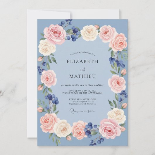 Invitation Couronne de mariage Dusty Blue Rose (Devant)