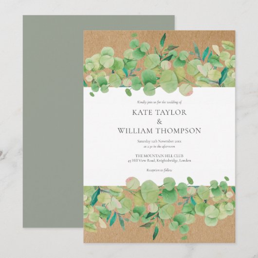 Invitation Couronne de mariage en eucalyptus verdure rustique (Devant / Derrière)