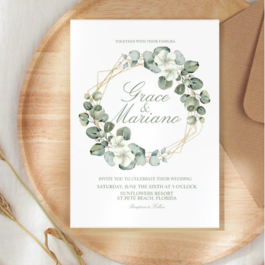Invitation Couronne de mariage en faux or et eucalyptus à l'a