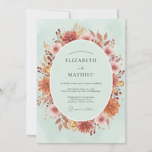 Invitation Couronne de mariage en mint à rouille (Devant)