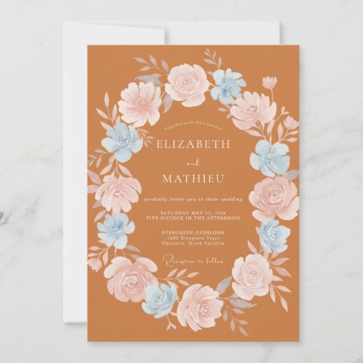Invitation Couronne de mariage en pervenche terracotta chaud (Devant)