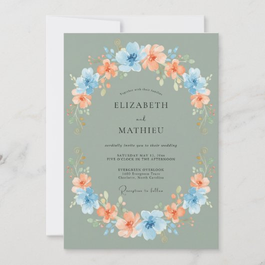 Invitation Couronne de mariage Fleur de Corail Bleu Sage (Devant)