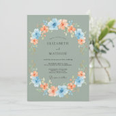 Invitation Couronne de mariage Fleur de Corail Bleu Sage (Debout devant)