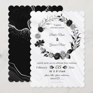 Invitation couronne de mariage fleurs grises argentées et noi