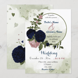 Invitation couronne de mariage fleurs vertes marine rose