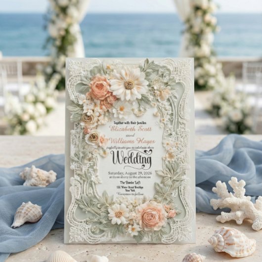 Invitation Couronne de mariage florale de pêche romantique en
