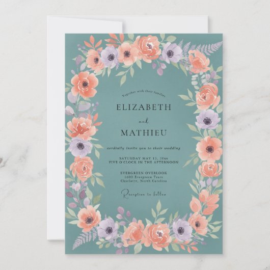 Invitation Couronne de mariage florale douce sarcelle (Devant)