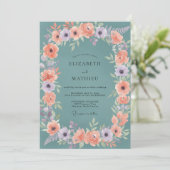 Invitation Couronne de mariage florale douce sarcelle (Debout devant)