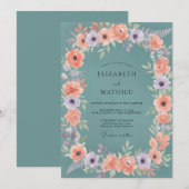 Invitation Couronne de mariage florale douce sarcelle (Devant / Derrière)