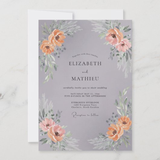 Invitation Couronne de mariage florale pêche grise (Devant)
