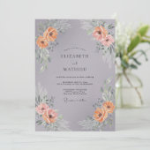 Invitation Couronne de mariage florale pêche grise (Debout devant)
